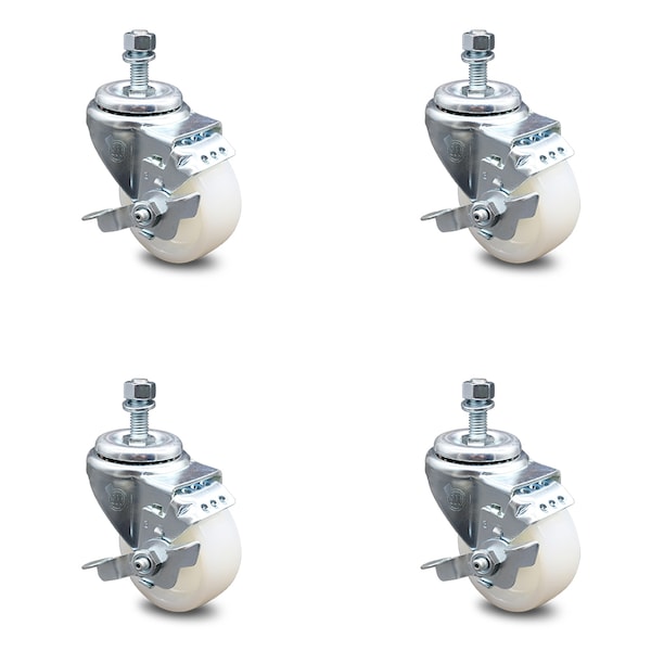 3 Inch Nylon Wheel Swivel 10mm Threaded Stem Caster Set with Brake SCC
